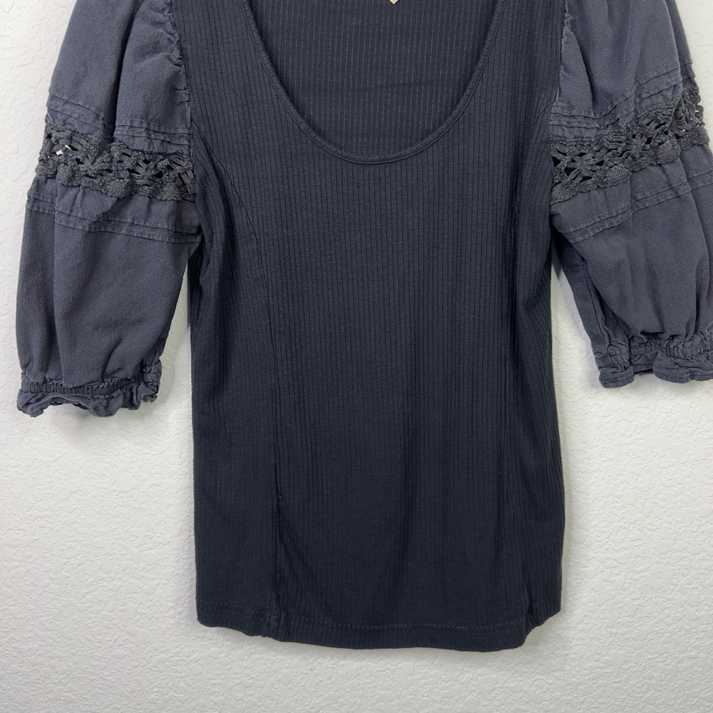 Free People Shirt S Black Ribbed Puff Sleeve Crochet Lace Romantic Goth Boho - Picture 5 of 8